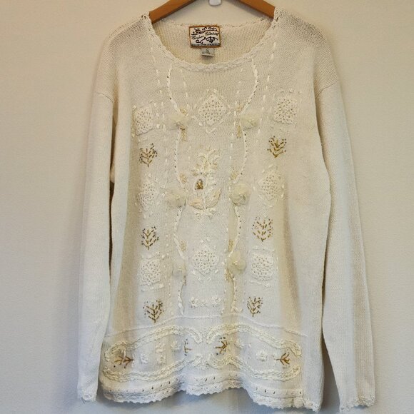Heirloom Collectibles Women Sweater L Floral Beaded Ribbon Lace Pullover Classic - Picture 1 of 15